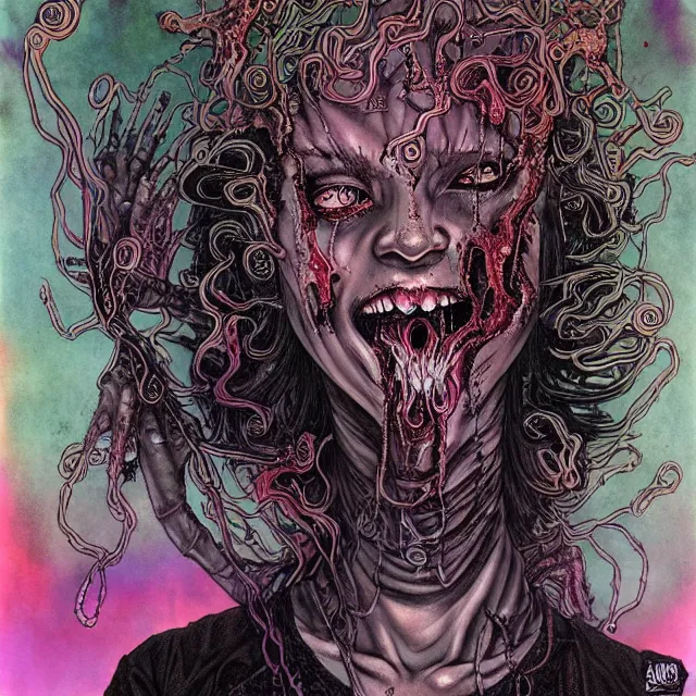 Image similar to complex, black ink & copic markers, spiritual horror lsd art in muted colors, disturbing grunge still of a lovecraftian demon infested cashier at wallmart, by arthur adams, by tom bagshaw, by henry asencio, by kikuchi hideyuki