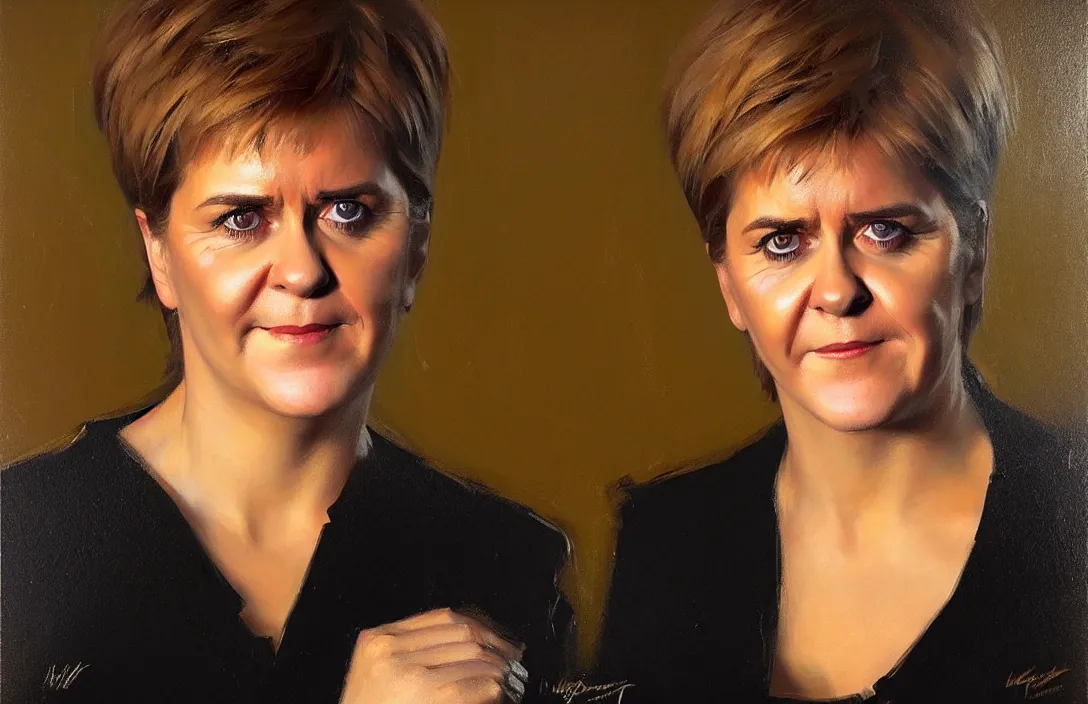 Image similar to portrait of nicola sturgeon!!!!!!!!!!!!!!!!!!!!!!!!!!!, detailed face, detailed painting, epic lighting, by ilya repin, phil hale and kent williams