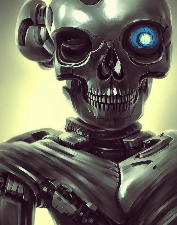 Image similar to skull - headed robot cyborg painting, illutstration, concept art, cyberpunk, futurism, comics art, artgerm, full body shot, wide angle