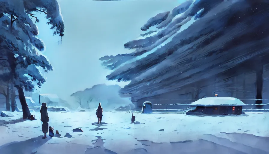 Image similar to highly detailed matte painting of a glistening snowy landscape by atey ghailan, by greg rutkowski, by greg tocchini, by james gilliard, by joe fenton, blue, brown, black and light blue color scheme, octane render