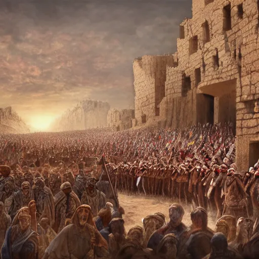 Prompt: Matte painting of large crowd of men in Biblical outfits marching in front of the walls of Jericho. People are standing on the walls looking down at them. sunrise, epic, cinematic lighting, detailed digital art trending in artstation