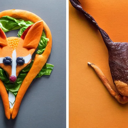 Image similar to studio photography of food in the shape of a fox