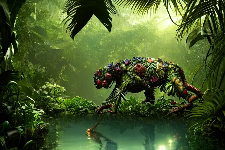 Image similar to creature in a lush tropical vegetation, water reflection, night, backlit : : by michal karcz, daniel merriam, victo ngai and guillermo del toro : : ornate, dynamic, particulate, intricate, elegant, highly detailed, centered, artstation, smooth, sharp focus, octane render, 3 d