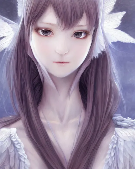 Image similar to range murata, an infinitely detailed portrait of a frail and pale female peace angel elegantly. fully - clothed full - body, beautiful! scenery art!! coherent! by wlop & murata range, victorian armor trim, cold color palette, artstation / pixiv!! elegantly armored angel portrait full - body, dreamy art