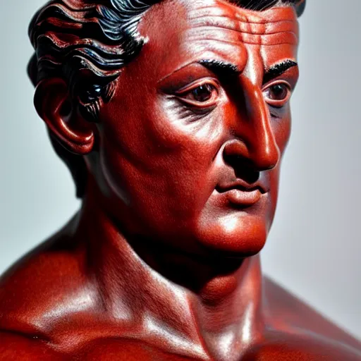Prompt: museum stallone portrait statue monument made from porcelain brush face hand painted with iron red dragons full - length very very detailed intricate symmetrical well proportioned balanced
