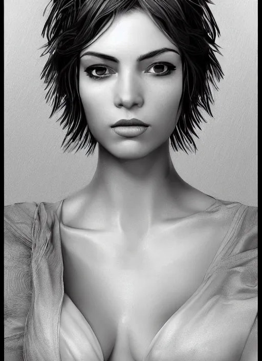 Image similar to up close portrait of a beautiful woman in black and white, photorealistic, pixie cut, intricate hair, upper body, art by diego fazio and diegoKoi and oscar Ukono, concept art, sharp focus, artgerm, 8k highly detailed