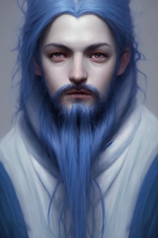 Image similar to a portrait of a blue hair male wizard, illustration, soft lighting, soft details, dark mood, painting oil on canvas by Edmund Blair Leighton and Charlie Bowater octane render trending on artstation d&d characters, 4k, 8k, HD