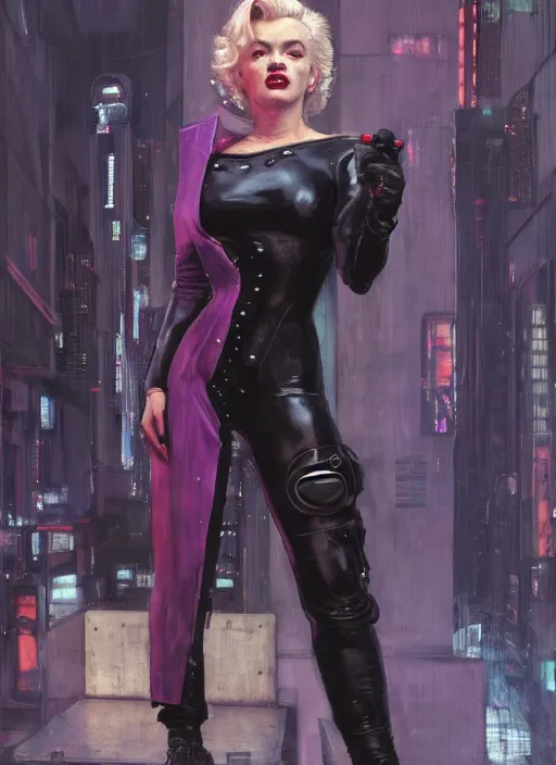 Prompt: feminist Marilyn monroe as a cyberpunk assassin in a cyberpunk jumpsuit (blade runner 2049, cyberpunk 2077). Orientalist portrait by john william waterhouse and James Gurney and Theodore Ralli and Nasreddine Dinet, oil on canvas. Cinematic, hyper realism, realistic proportions, dramatic lighting, high detail 4k