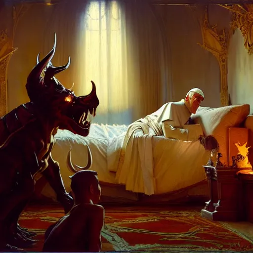 Image similar to the pope is in his bed, nervous and terrified, because a double horned shadow demon from hell is attacking him. highly detailed painting by gaston bussiere, j. c. leyendecker, greg rutkowski, craig mullins 8 k