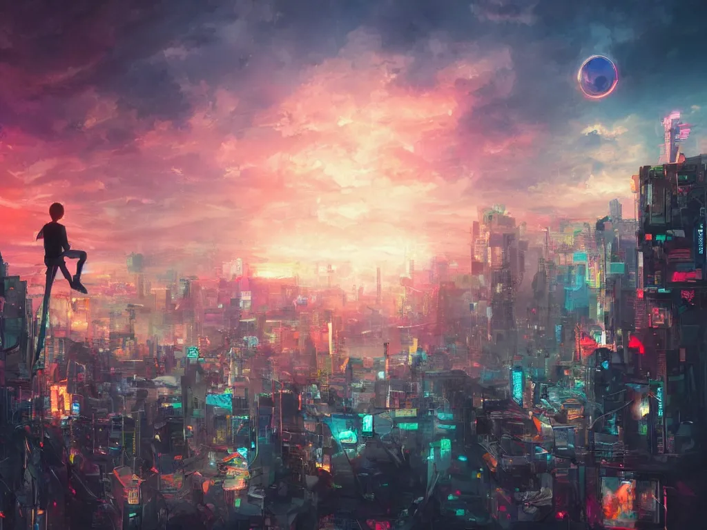 Image similar to a painting of a boy on top of a building watching a colorful sunrise futuristic city surrounded by clouds, cyberpunk art by yoshitaka amano and alena aenami, cg society contest winner, retrofuturism, matte painting, apocalypse landscape, cityscape