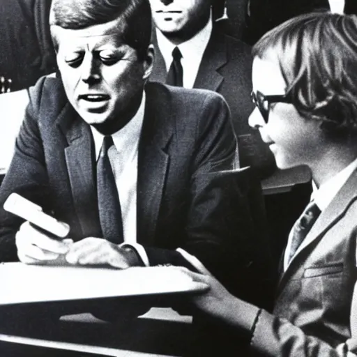 Image similar to 1 9 7 0 s vintage photograph of john f kennedy using an ipad, very detailed, very intricate,