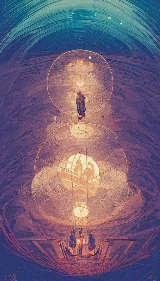 Prompt: the ancient oracle of the luminous lantern spirits on cosmic cloudscape, futurism, dan mumford, victo ngai, da vinci, josan gonzalez