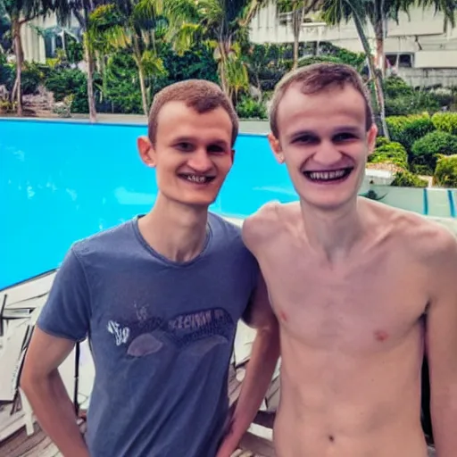 Image similar to vitalik buterin and sam bankman - friedman hanging by the pool