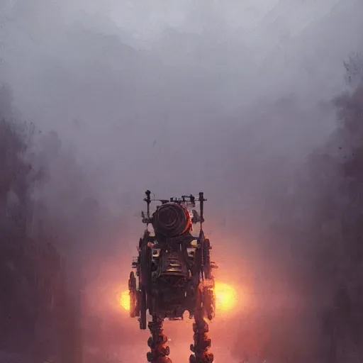 Prompt: gigantic steampunk mecha walking, dense fog,, sunset, trending on artstation, jakub rozalski