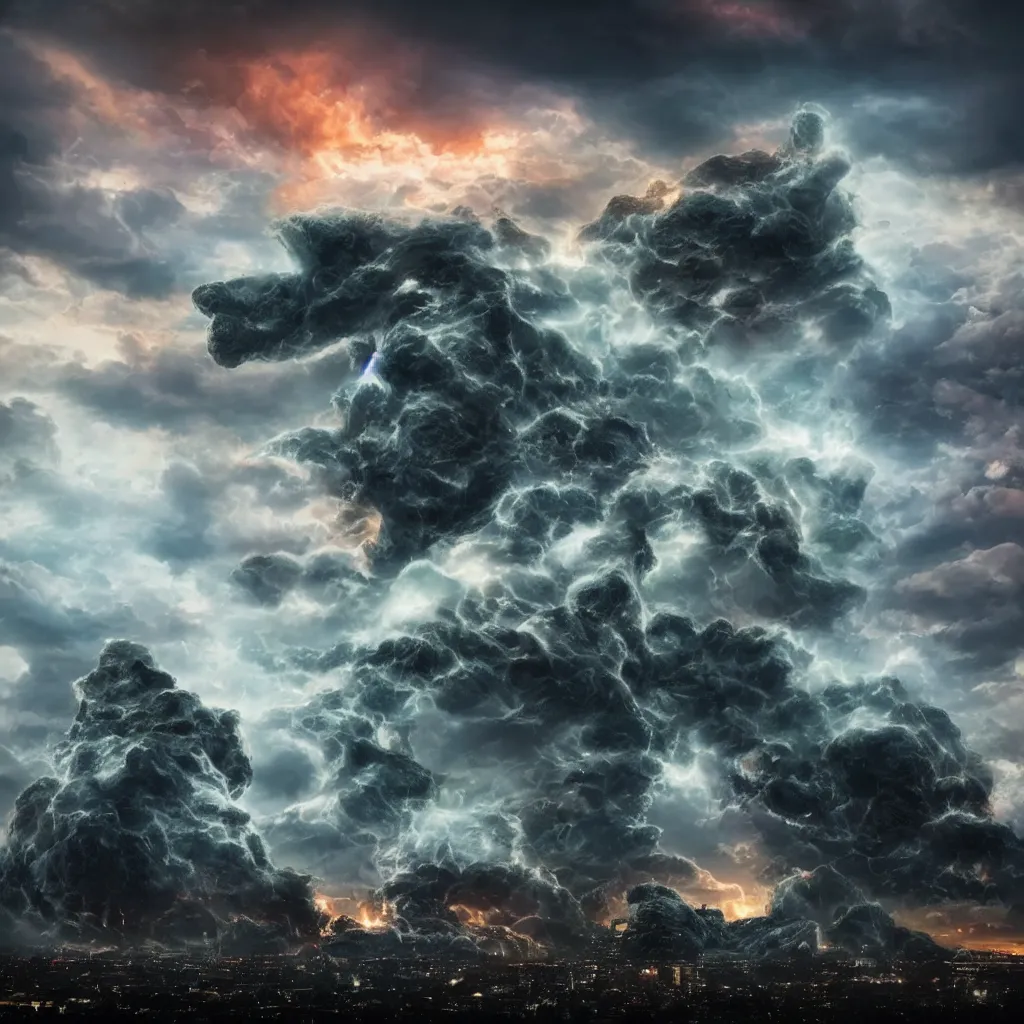 Prompt: A 600 meter cloud monster fighting against a 500 meter Rock monster infront of 10000 people in the city at night, photoreal