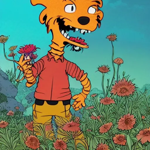 Image similar to portrait of watterson's hobbes, smiling with flowers in hands. sharp focus, cinematic pose, cinematic lighting, unreal engine render. art by josan gonzales and moebius and deathburger.