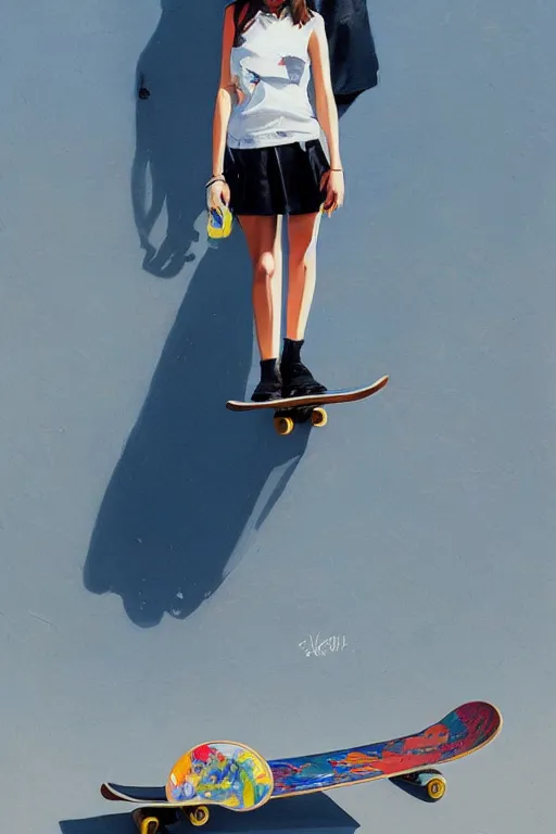 Prompt: A ultradetailed beautiful panting of a stylish woman standing on a skateboard, she is wearing streetwear, bright sunny day, Oil painting, by Ilya Kuvshinov, Greg Rutkowski and Makoto Shinkai