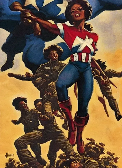 Image similar to beautiful black female captain america standing on a pile of defeated german soldiers. feminist captain america wins wwii. afro. american wwii propaganda poster by james gurney