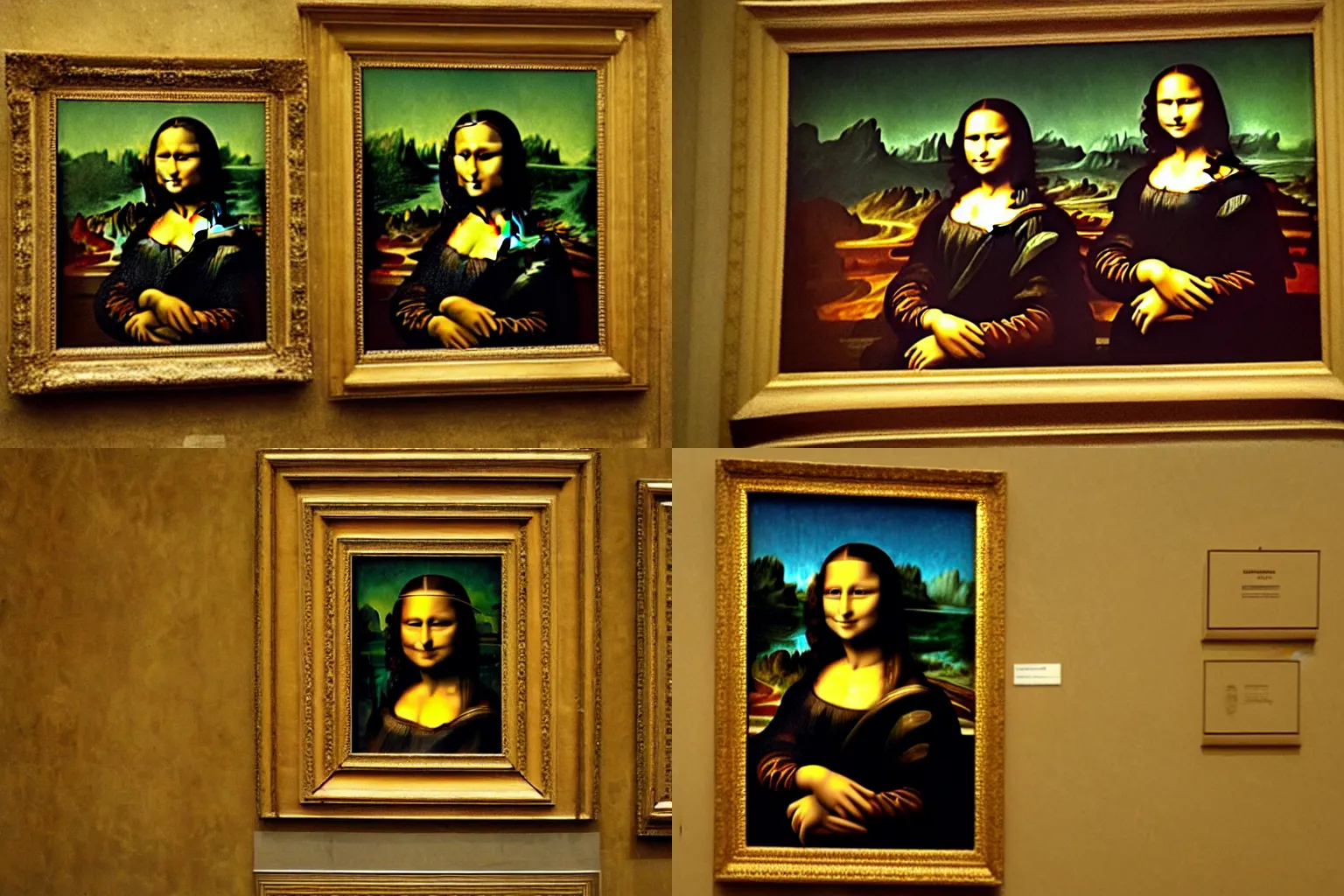 Prompt: a very bad fake mona lisa painting hanging in the Louvre