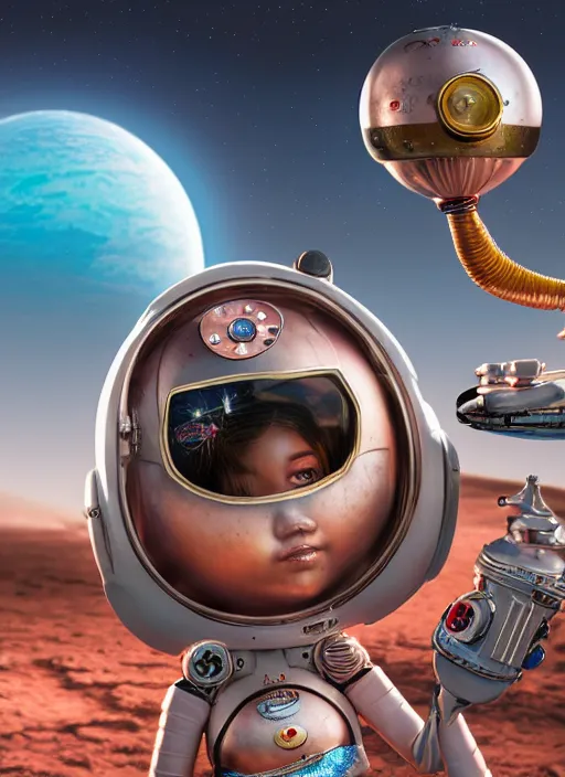 Image similar to highly detailed closeup, portrait of a tin toy bikini spacegirl in a spaceship on mars, unreal engine, nicoletta ceccoli, mark ryden, earl norem, lostfish, global illumination, detailed and intricate environment