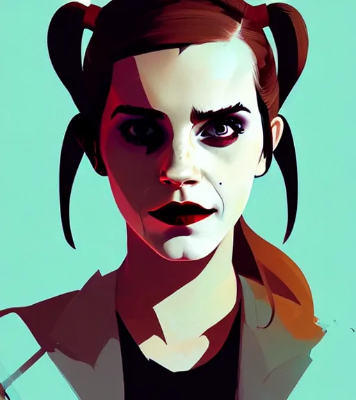 Image similar to portrait of emma watson as harley quinn by atey ghailan, by greg rutkowski, by greg tocchini, by james gilleard, by joe fenton, by kaethe butcher, dynamic lighting, gradient light blue, brown, blonde cream and white color scheme, grunge aesthetic