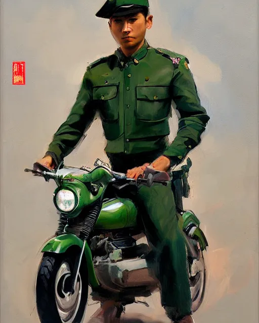 Prompt: greg manchess portrait painting of asian police green uniform, sitting on moped motorbike, medium shot, asymmetrical, profile picture, organic painting, sunny day, matte painting, bold shapes, hard edges, street art, trending on artstation, by huang guangjian and ail elvgren and sachin teng