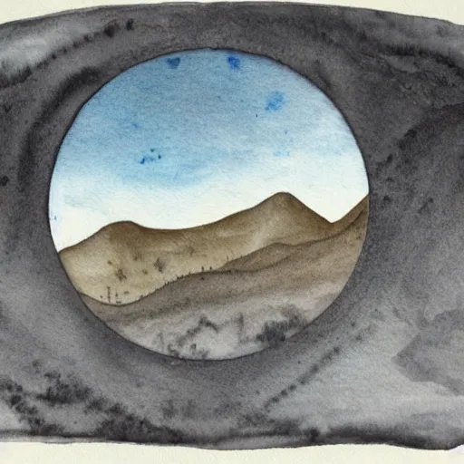 Prompt: a beautiful landscape of an alien planet, with strange terrain and manmade structures not found on earth, watercolor over graphite on vellum golden accented