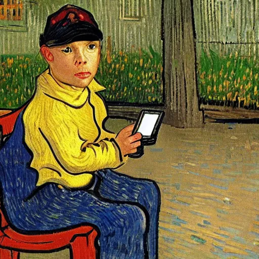 Image similar to little boy with nintendo ds on a seat in a oark by van gogh