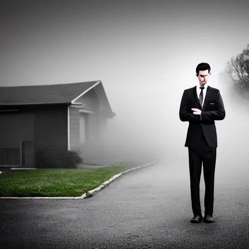 Image similar to man in strict suit, one man, an indifferent face, house on background, bloody knife, blood on body, full body, little fog, evening, extremely detailed, sharp focus, professional photographer, professional model, minimalism, real life