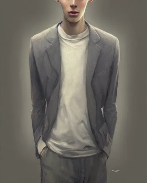 Image similar to portrait of 1 5 - year - old boy, a tall, slender boy with a pale, pointed face, sleek blond hair, and ice grey eyes, cold grey eyes, highly detailed, digital painting, artstation, concept art, smooth, sharp focus, illustration, art by artgerm and greg rutkowski and alphonse mucha