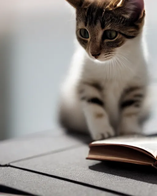 Image similar to high quality presentation photo of a cute mechanical cat reading a book, photography 4k, f1.8 anamorphic, bokeh, 4k, Canon, Nikon