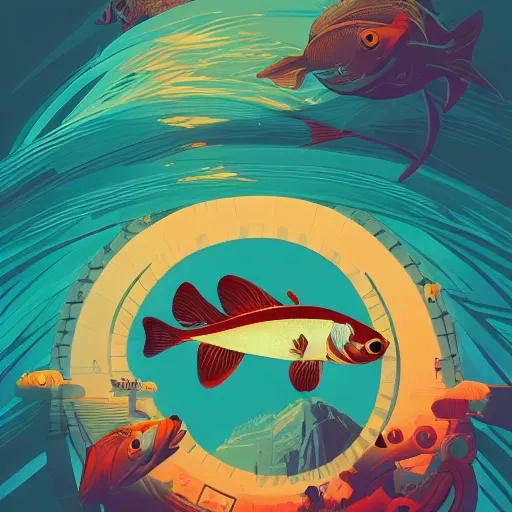 Image similar to profile of one stylized fish in center of view, dark ocean, complex patterns, artstation, intricate, realistic, highly detailed, digital painting, concept art, sharp focus, illustration by tom whalen and charles williams and kilian eng and james jean