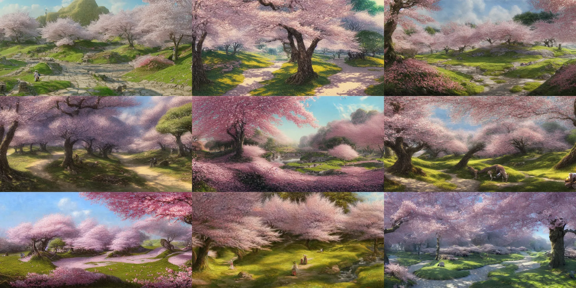 Prompt: The Shire in full bloom during cherry blossom season by Alan Lee, intricate, highly detailed, digital painting, artstation, concept art, smooth, sharp focus, illustration, vfx