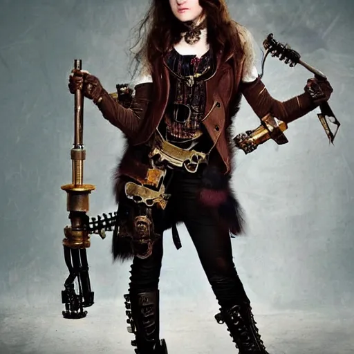 Image similar to full shot photo of alexandra daddario as a steampunk warrior