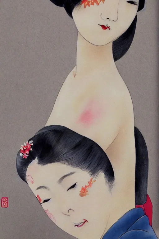 Image similar to extremely sensual geisha full body, one uncovered shoulder, different point of view, digital art, 8k, character, realistic, portrait, photorealism, japan watercolour, masterpiece art