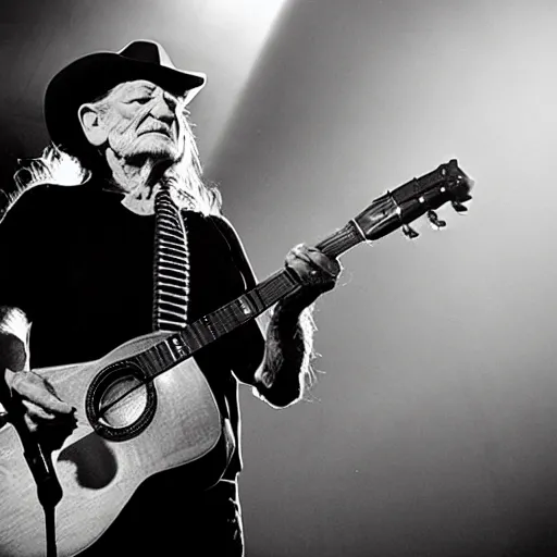 Image similar to willie nelson on stage, guitar. god rays through fog.