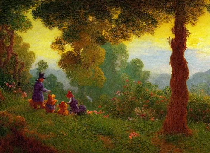 Image similar to romanticism impressionism landscape painting of winnie the pooh characters at night, night time, colorful paper lanterns, in the style of hudson river school and thomas cole and albert bierstadt and robert duncanson and vincent van gogh and claude monet