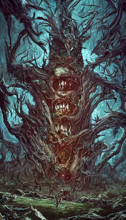 Prompt: a storm vortex made of many demonic eyes and teeth over a forest, by android jones,