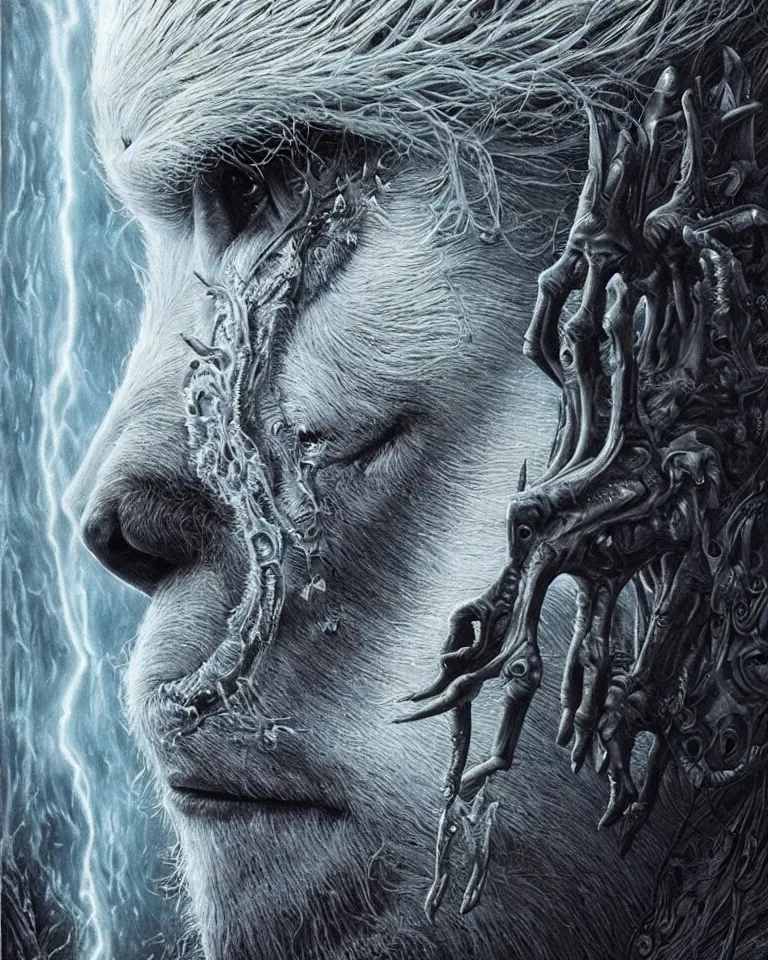 Image similar to ultra realist intricate detailed portrait of chris hemsworth turning into a white wolf in an alien landscape, insanity, accurate features, apocalyptic, very intricate details, 8 k resolution, dim lighting, volumetric lighting, artstyle, zdzisław beksinski and keith thompson, award winning