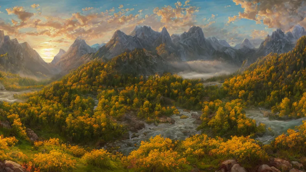 Image similar to The most beautiful panoramic landscape, oil painting, where the mountains are towering over the valley below their peaks shrouded in mist, the sun is just peeking over the horizon producing an awesome flare and the sky is ablaze with warm colors and stratus clouds. A giant dreamy waterfall creates a river, it is winding its way through the valley and the trees are starting to bloom in a great variety of colors, by Greg Rutkowski, aerial view