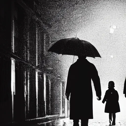 Prompt: A dramatic portrait of a couple wearing yellow rain coat , holding red umbrella , walking in a black and white street . Cinematic lighting