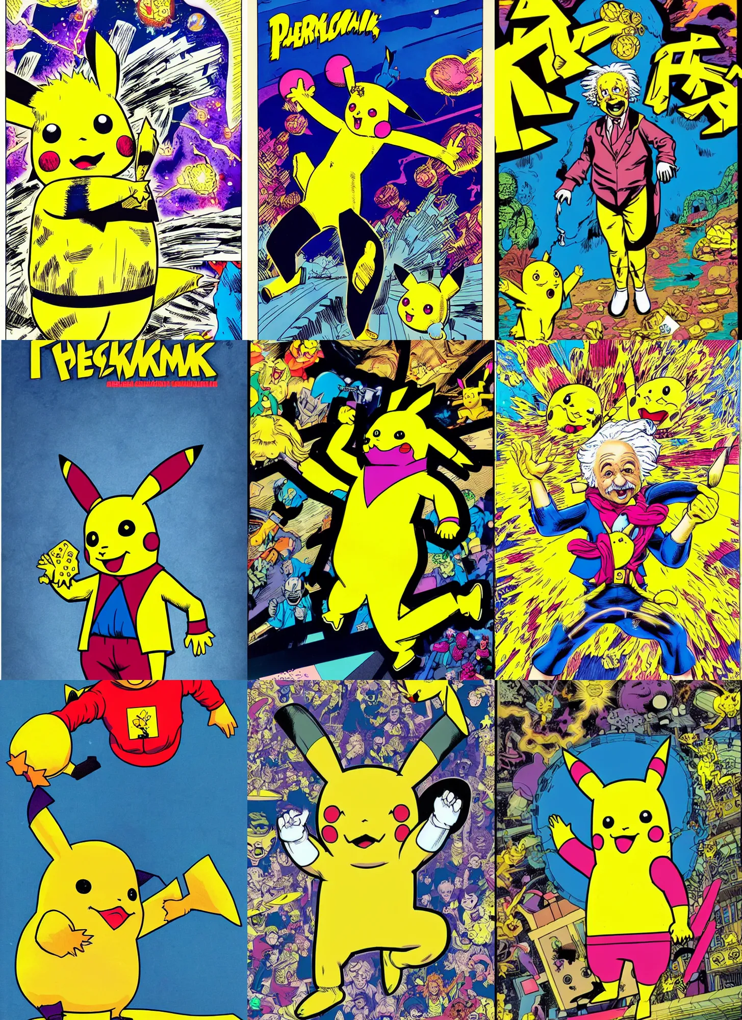 Prompt: full body shot of : albert einstein yellow pikachu by cory walker and ryan ottley and jack kirby and barry windsor - smith, comic, illustration, photo real
