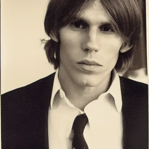 Image similar to A photograph portrait of Jerma985 with medium length wavy hair, a combover and wearing late 1970s popped collared menswear in the late 1970s, taken in the late 1970s, grainy, taken on a 1970s Polaroid Camera, realistic, hyperrealistic, very realistic, highly detailed, very detailed, extremely detailed, detailed, digital art, trending on artstation, front facing, front view, headshot and bodyshot, detailed face, very detailed face