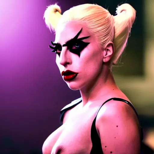 Image similar to Lady Gaga as real-life Harley Quinn, cinematic, Low angle, atmospheric fog and lighting, directed by Michael Bay, movie still, photography