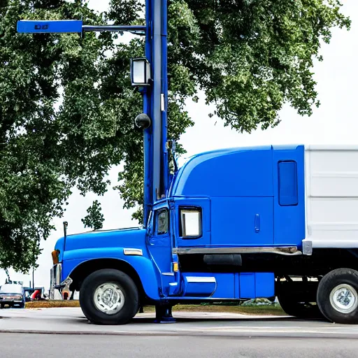 Image similar to blue truck dangling from atop a street light pole