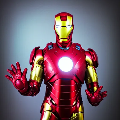 Prompt: “Elmo dressed as Iron Man, portrait, realistic, 50 mm lens, medium shot, dramatic studio lighting, cinematic, black background, realistic photo”