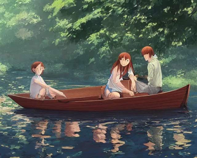 Prompt: one single short small wooden boat in a very narrow narrow river river, trees, shady, ripples, reflections. A boy and a girl are sitting together in the boat. Romantic. Girl has long flowing auburn hair, boy has short hair. By Makoto Shinkai, Stanley Artgerm Lau, WLOP, Rossdraws, James Jean, Andrei Riabovitchev, Marc Simonetti, krenz cushart, Sakimichan, trending on ArtStation, digital art.