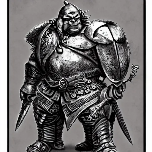 Image similar to ogre warrior wearing plated armor who is holding a battle axe in the style of warhammer fantasy : : head and torso drawing