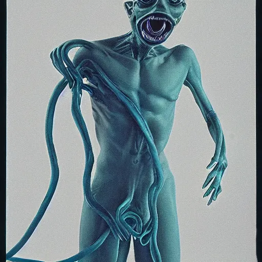 Image similar to a hyper detailed filmic closeup 30mm color film photograph of a bundle of dangerous gorey shape shifting alien tendrils strangling and smothering a male 70-year-old doctor wearing a blue lab coat under dreary fluorescent lights in the style of a horror film still