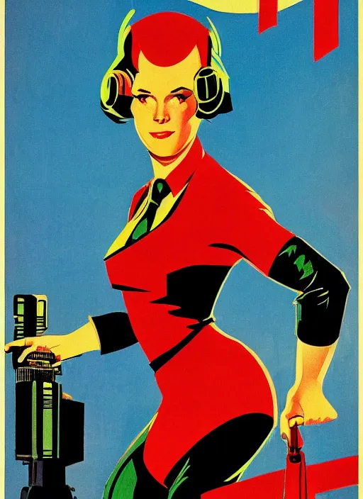 Image similar to soviet propaganda poster. cyberpunk spy. portrait by jean giraud and anton otto fischer and john philip falter and will eisner and gil elvgren